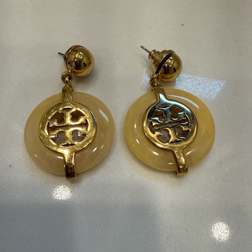 Tory Burch Stacked Logo Gold-Tone and Ivory Resin Round Logo Drop Post Earrings